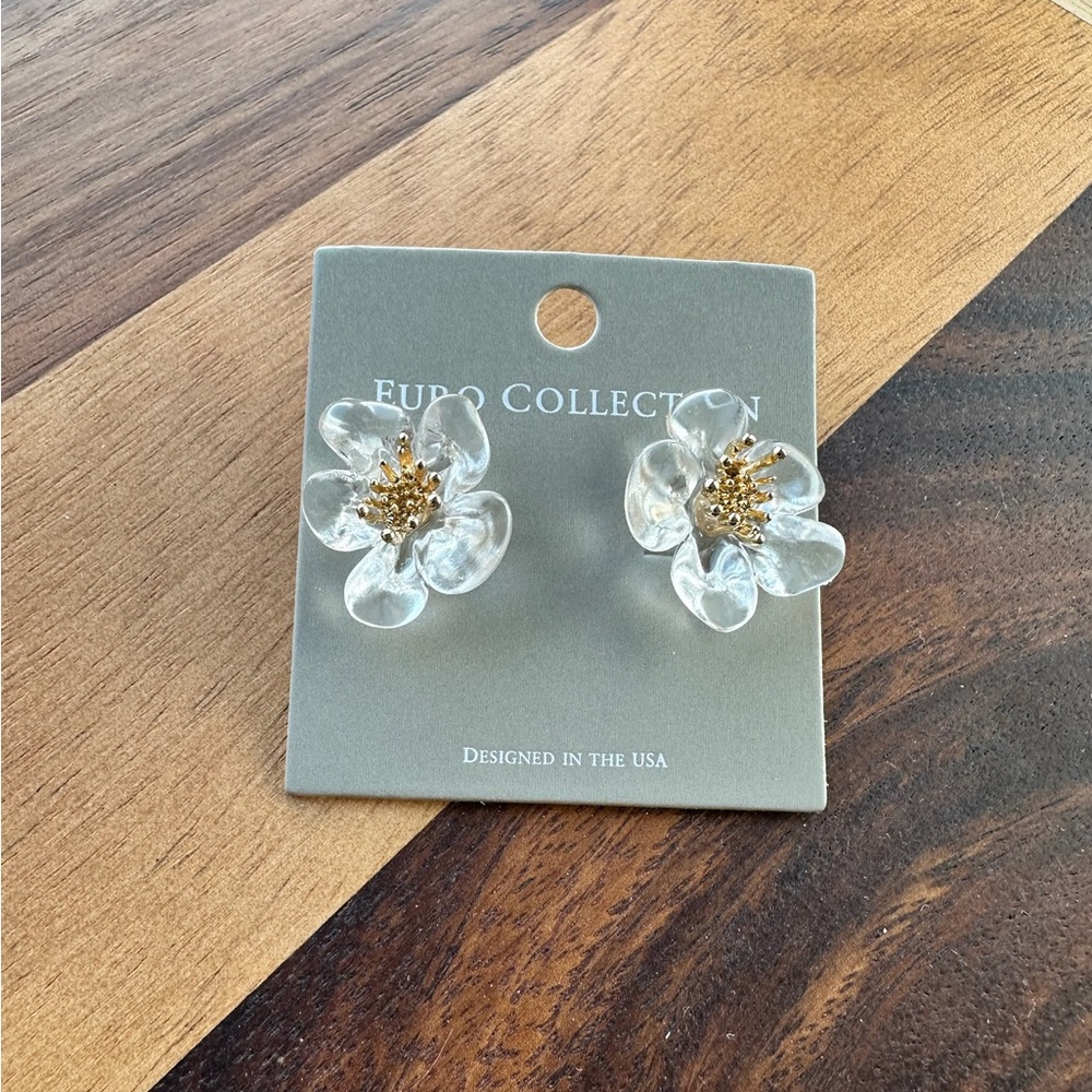 Clear Flower Earrings with Gold Accents